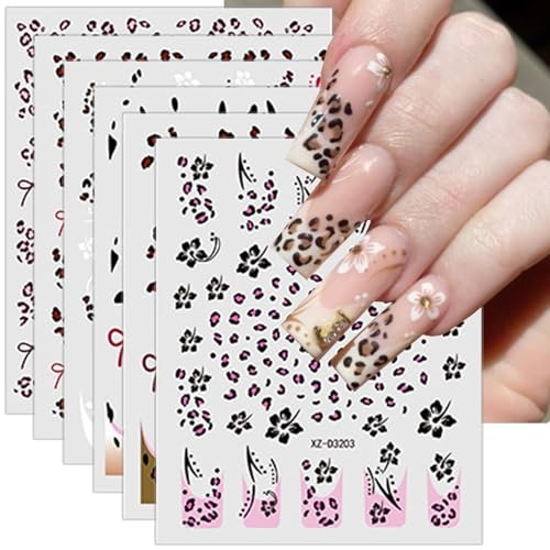 Leopard Print Nail Stickers Bow Decals for Nail Art Black Flower Nail Nial-5