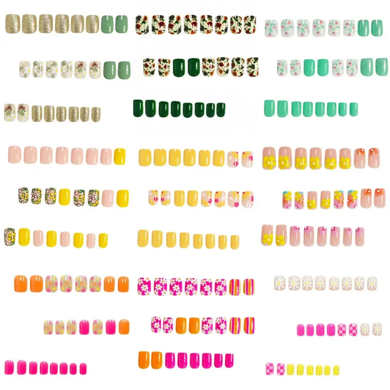 216pcs Multicolor Spring/Summer Floral Press-On Nail Set, Glossy Finish, Short