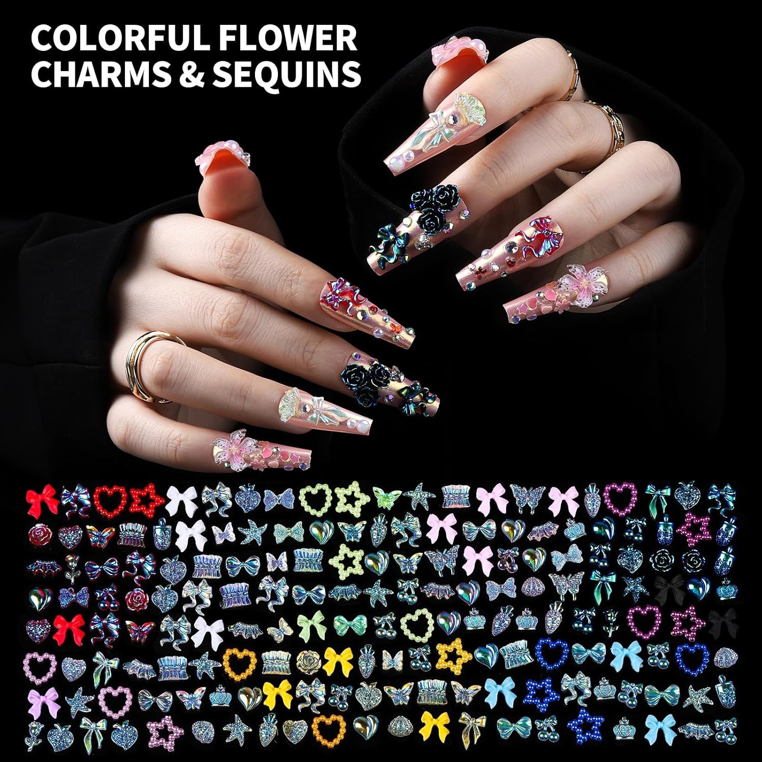 24 Grid Nail Charms Kit 3D Flowers Hearts Pearls Rhinestones Gems for DIY