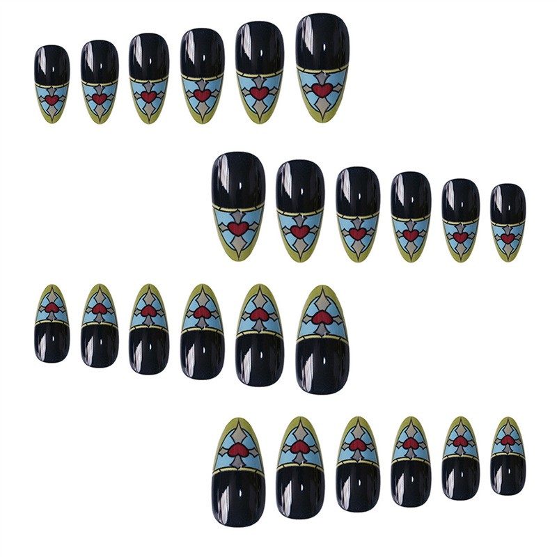 Almond Black Nails Stained Glass Heart Pattern Press On Nails Wholesale