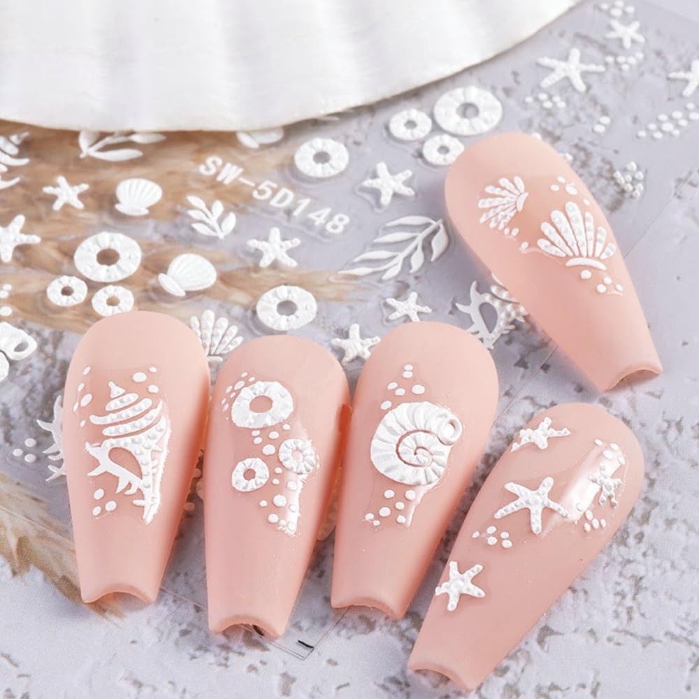5D Embossed Ocean Nail Stickers – Summer Decals With Shell, Colorful