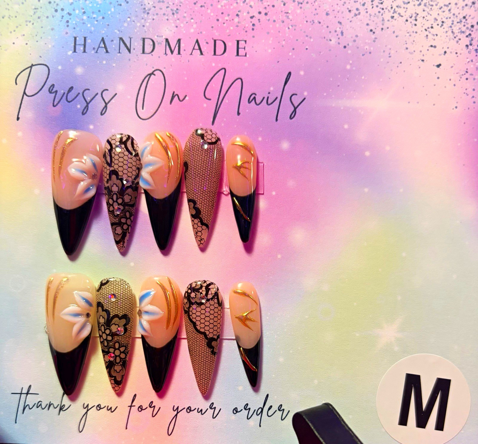 Handmade Beige/Black/Gold 3D Floral Almond Press-On Nails, Pre-Designed