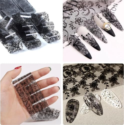 2 Boxes 20 Rolls White&Black Lace Nail Foil Sheets Holographic Nail Art Foil
