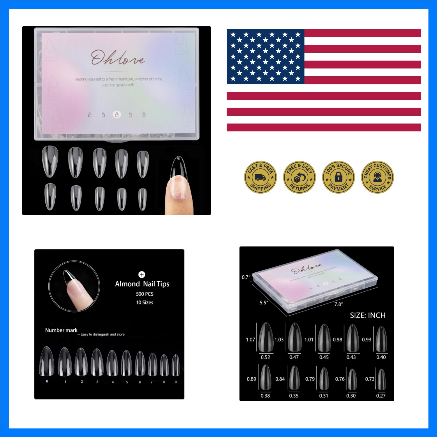 500Pcs Medium Almond Fake Nail Tips Full Cover Clear Acrylic Nails Press on N…