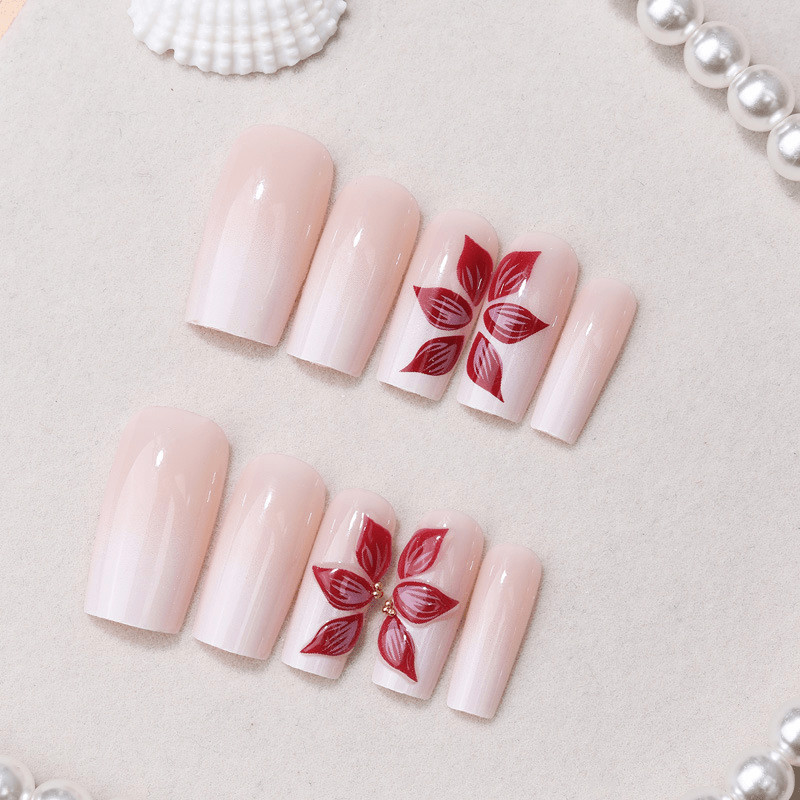 48P-Milky White Pink Floral Press on Nails Square Nail Art Set Reusable Handmade