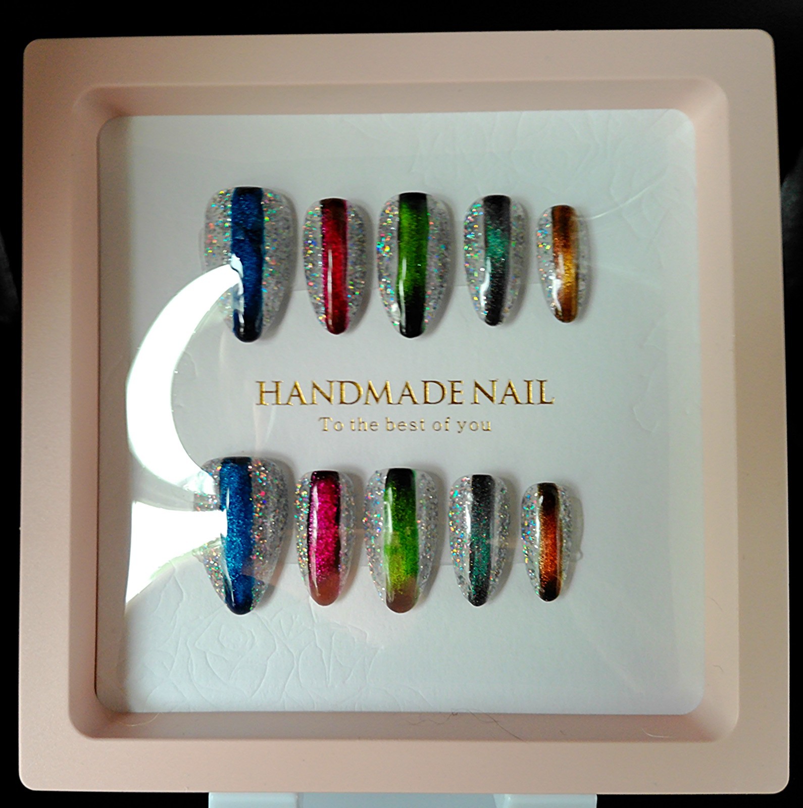 Silver Glitter and Cat Eye Multi-color Short Almond Press On Nails – Medium Size