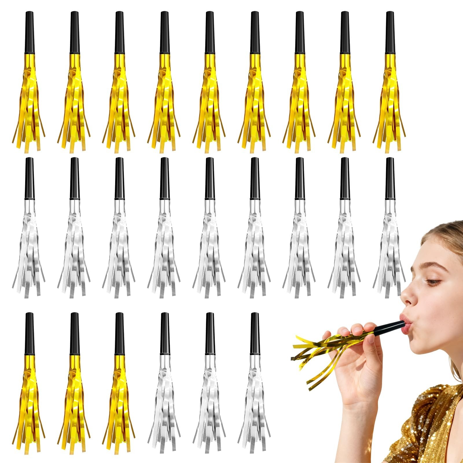 24-Pack Gold and Silver Noise Makers | Elegant Glitter & Metallic Fringed Par…