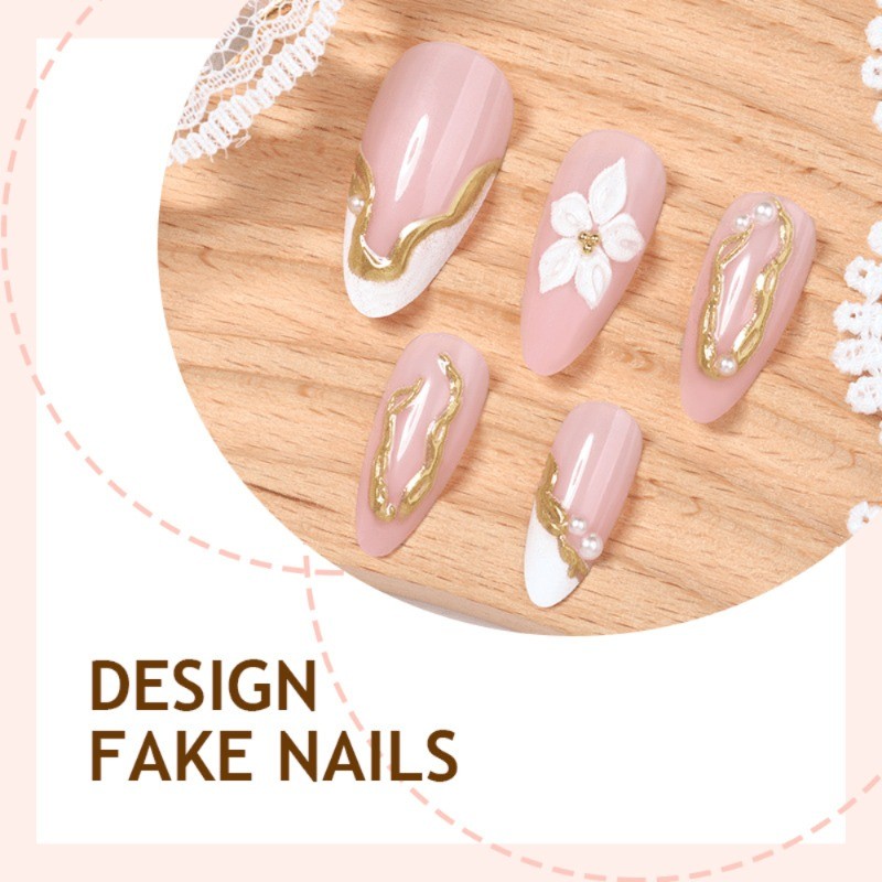 24 exquisite pink and white flower handmade nails medium almond shaped nail art