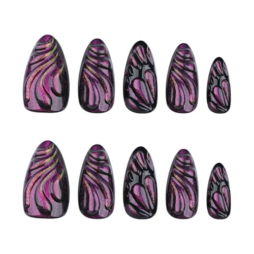 Purple Nails Press on Almond Fake Nails Medium Glossy Glue on Nails style23