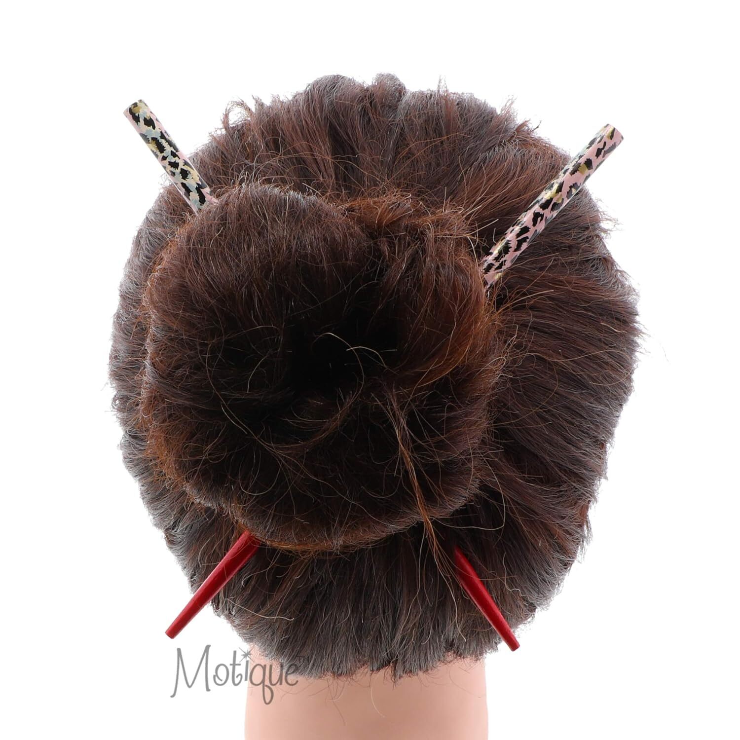 Two 7.25 inch Long Wooden Animal Print Hair Sticks for Women – Red