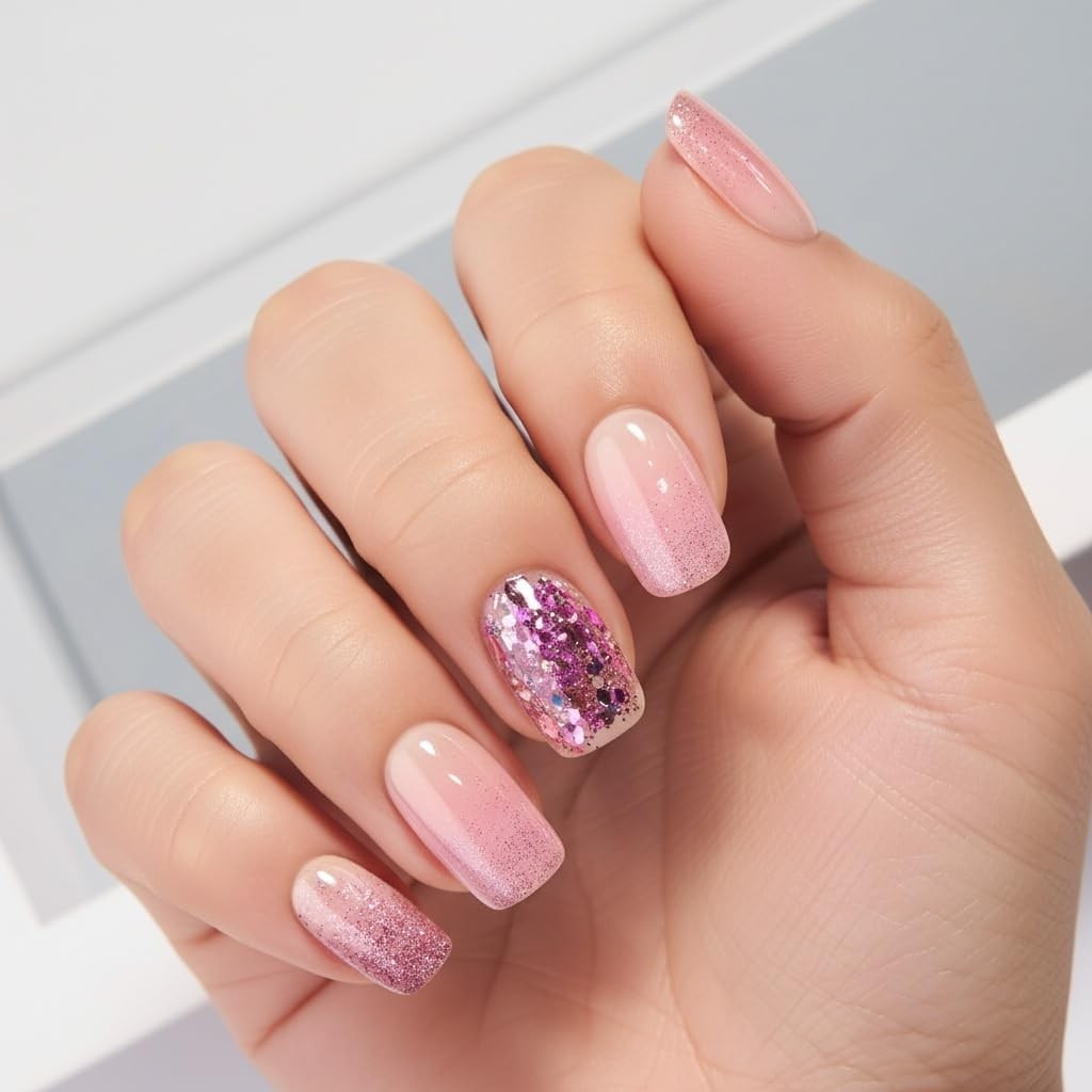 Curvlife Press On Nails Pink Diamond Acrylic Short Fake Nails Design Stick On Na