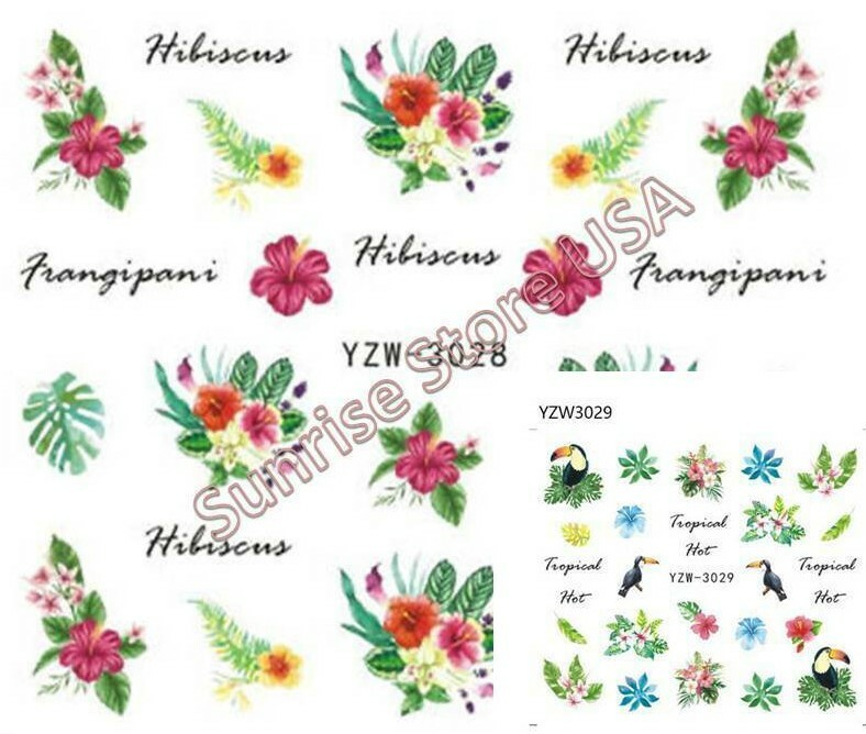 Nail Art Water Transfer Sticker Tropical Flower Hibiscus Plumeria Toucan Decals