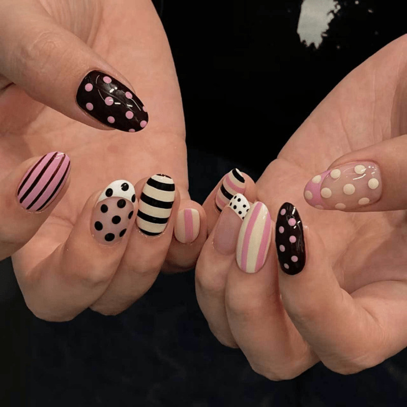 48Pcs-Medium Almond Pink Brown White Striped Polka Dot Mix Design Press on Nails