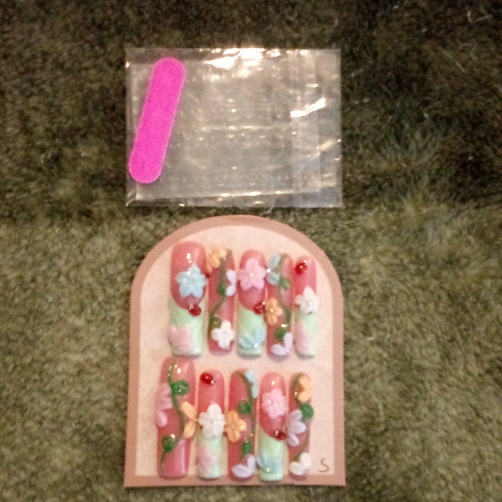 3D Shiny Press-On Nails Pink Green Multicolor Long Coffin Flower Full Cover