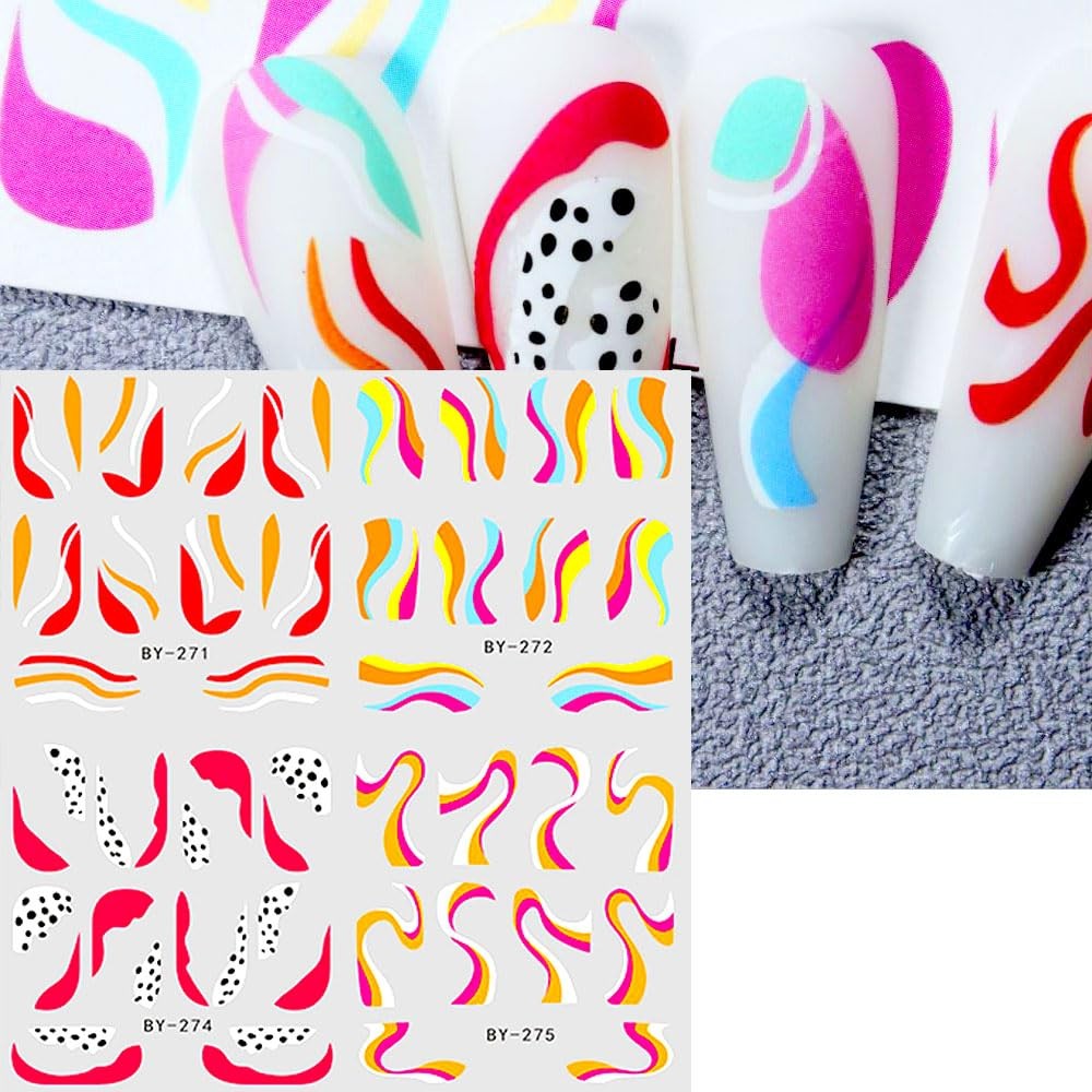 Colorful Wave Lines Nail Art Stickers for Girls – Neon Ribbon Strips Water Tr…
