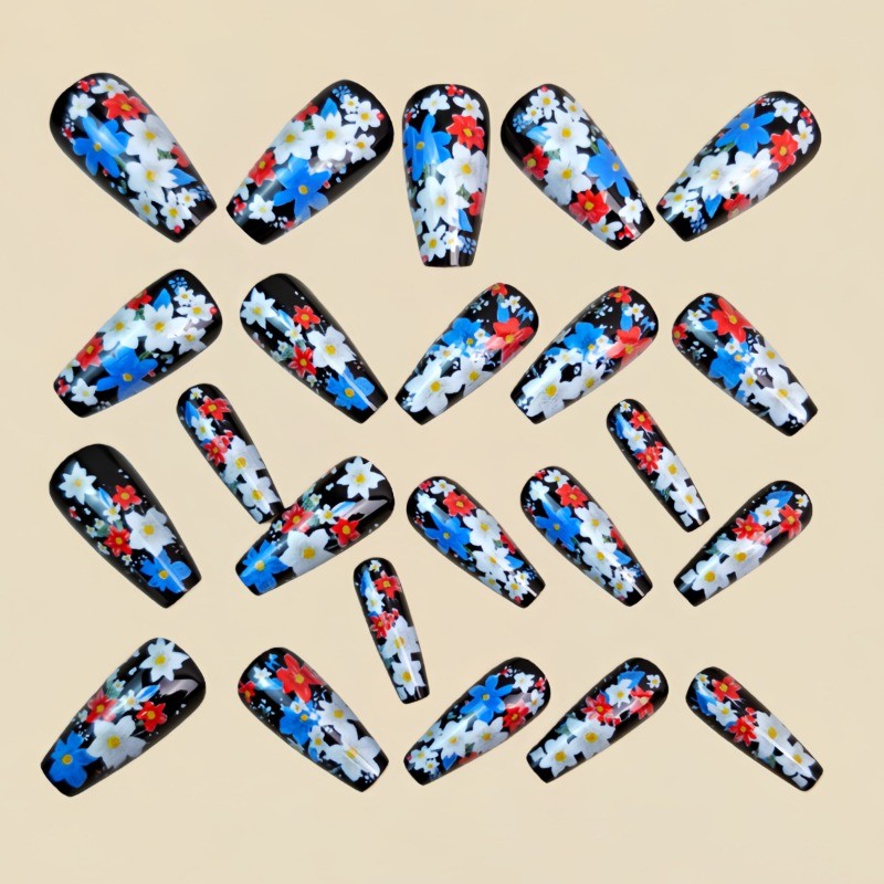 48 Pcs of Medium To Long Ballet Nail, Blue Plant Flower, Fashionable Fake Nail