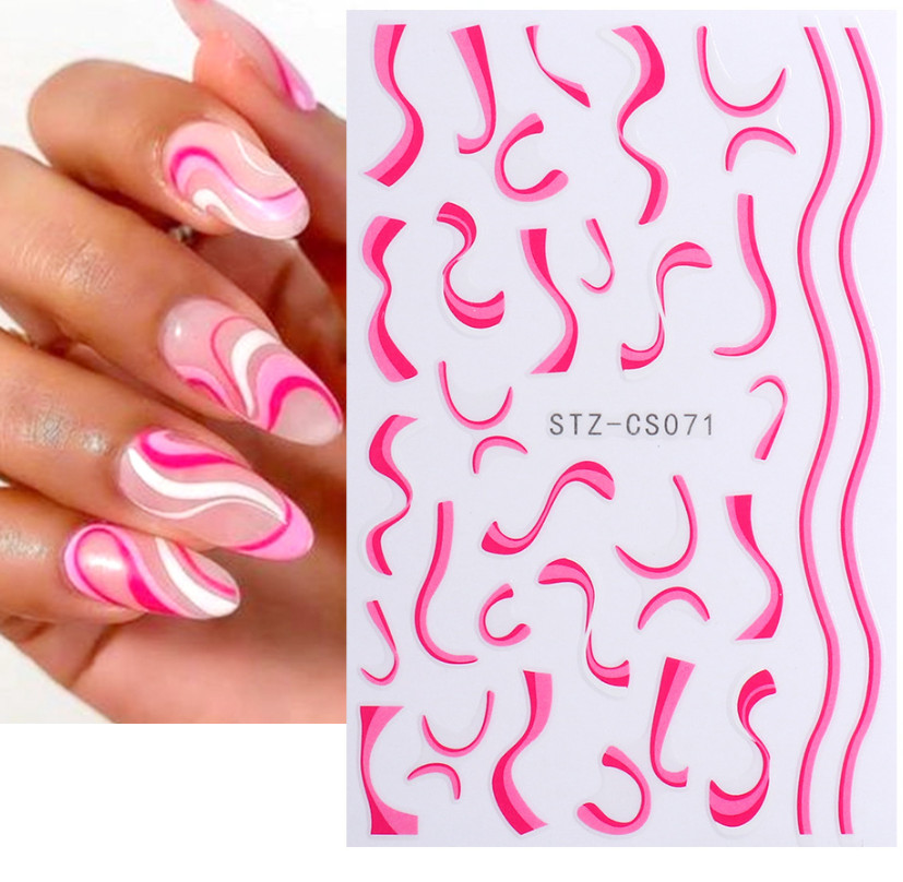 7Pcs Nail Art Stickers Decal Pink White French Line Swirl Wave Geometric NS7
