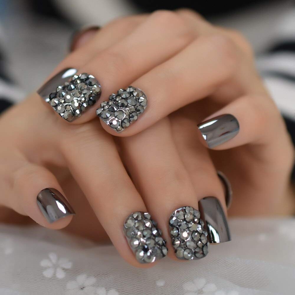 Punk Dark Gray Metallic Mirror French Nail Tips with Glue Stickers