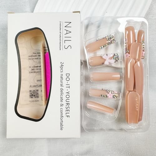 Press Nails Coffin French Tips with Design 3D Bow Flower Long Style-11