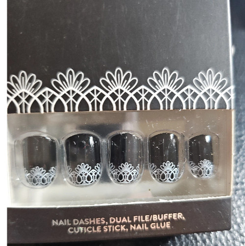 Red Aspen Press On Nails- Mary Rules-Black- White Lace -Short -Square