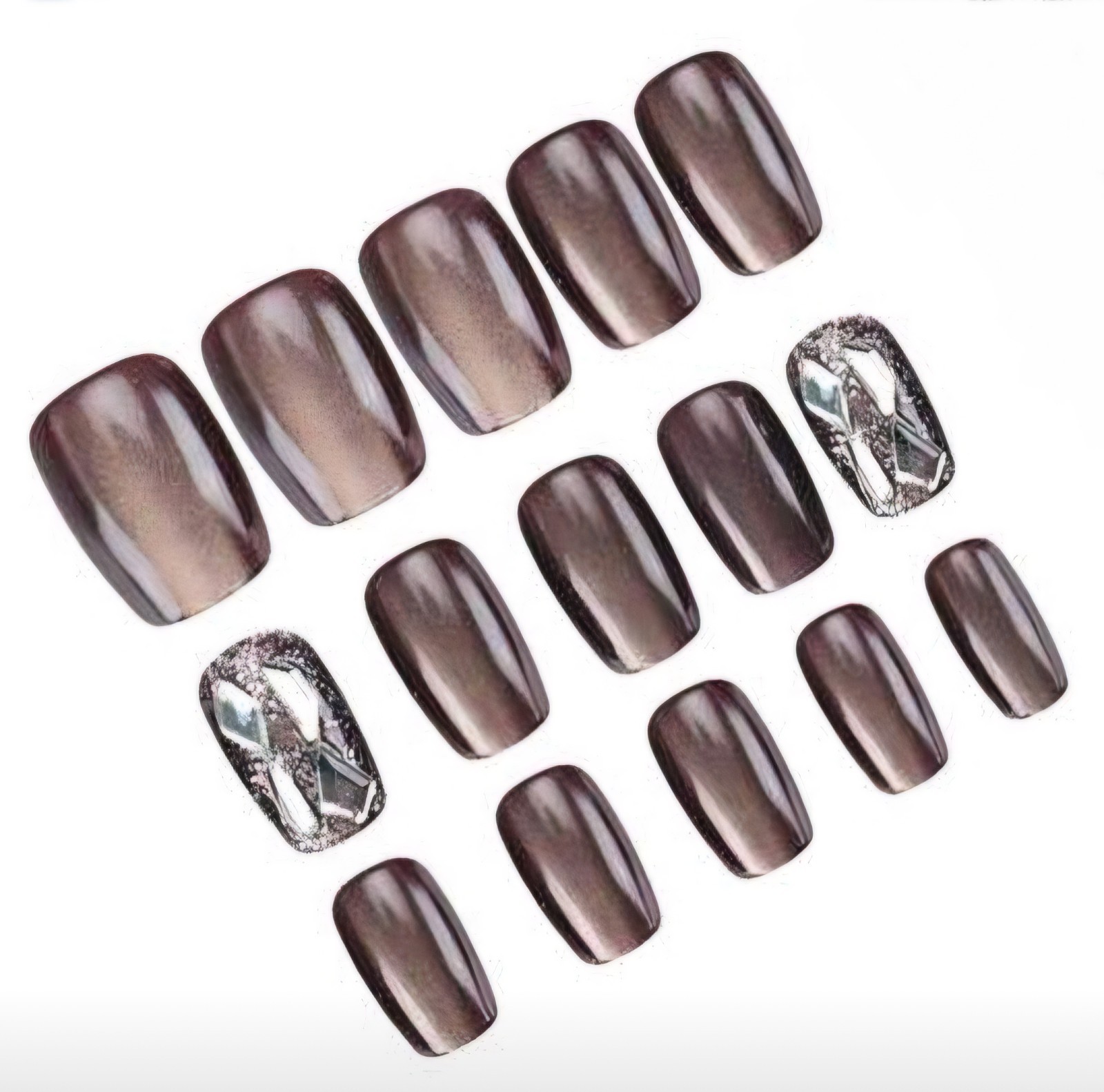 Press-On Nails Brown Bronze w/3D Silver Stone Accents on Glitter Nails *30 pcs*