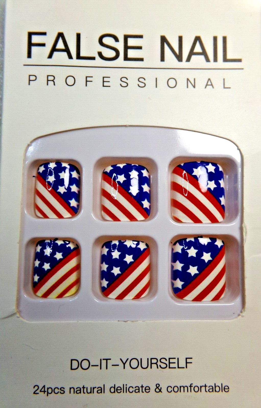 Beautiful Nail Toenails Glue ON -Shiny Red White & Blue American Flag Red Stars