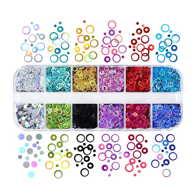 12Grids Colorful Glitter Hollow Circle Design Nail Art Sequins 3D Nails Stickers