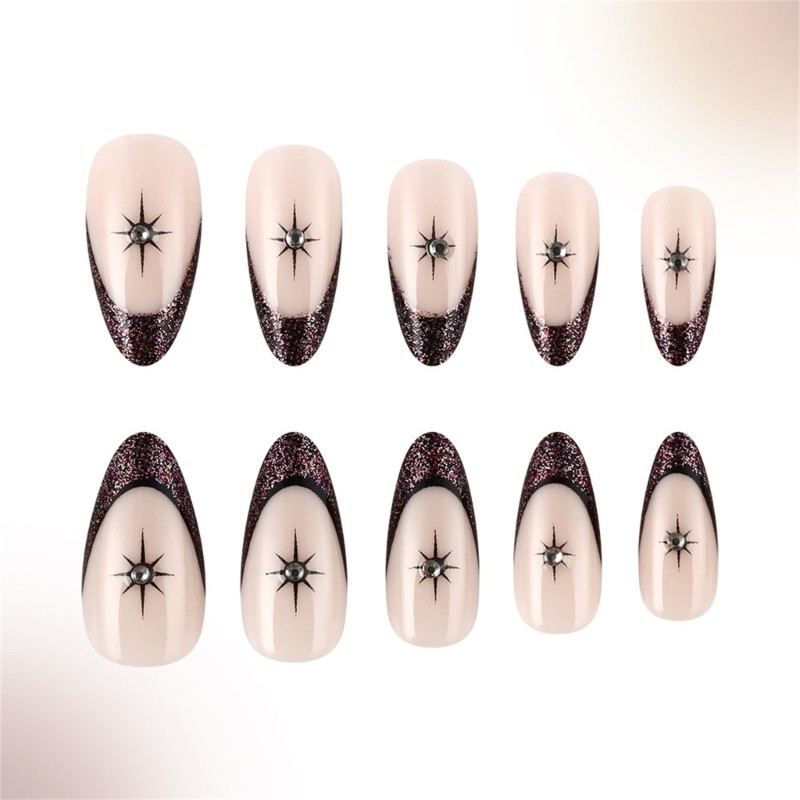 24 Pieces Short Length Almond Press On Nail Glitters Star Designs French Tip