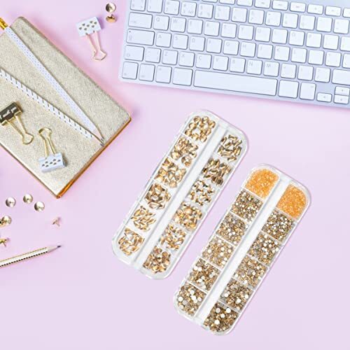 2630Pcs Gold Nail Rhinestones 120 Multi Shapes Crystal Flatback A Set Champagne