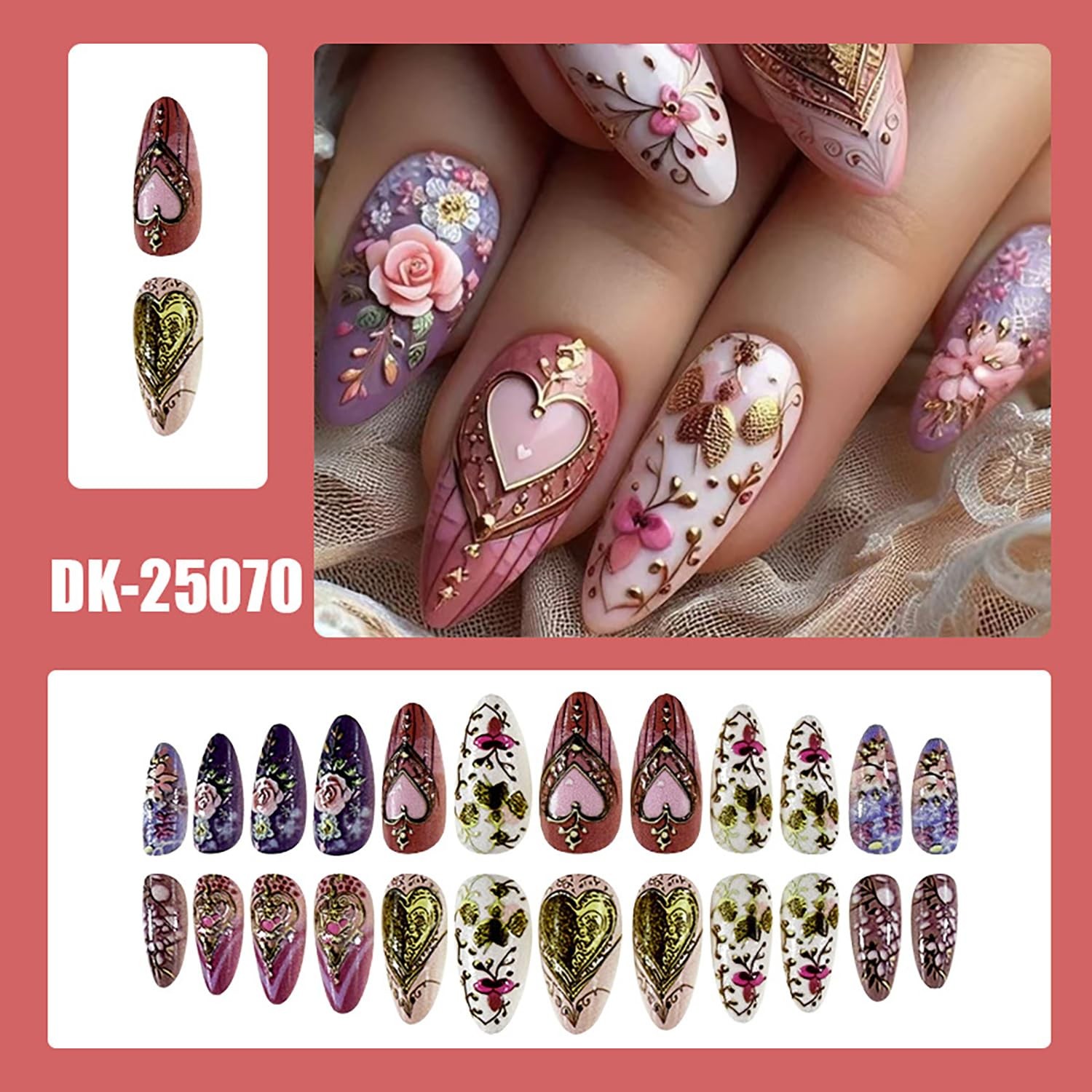 Gold Love Heart Press on Nails Almond Shaped Flower Rose Gold Love Heart Flower