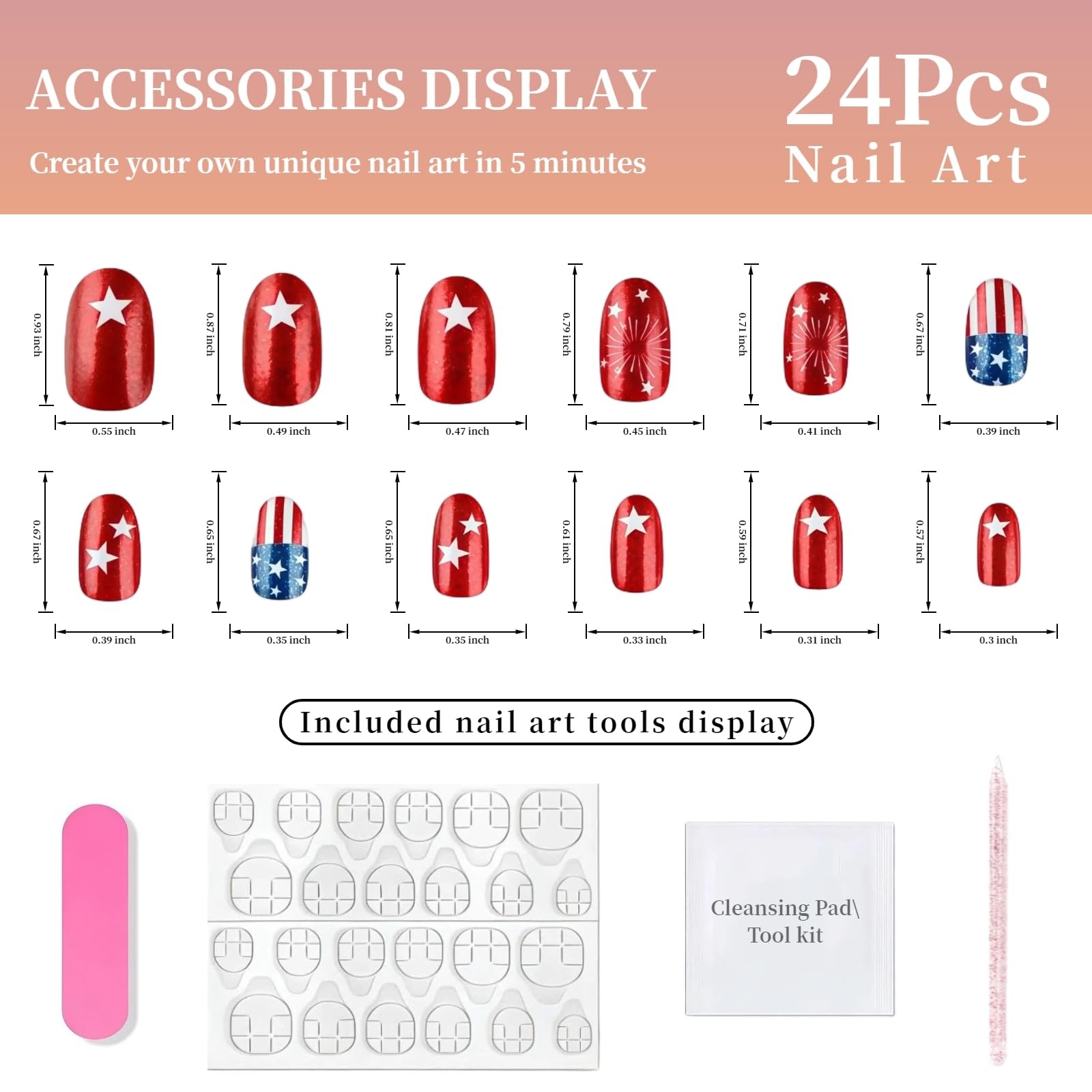 Tephrent 24Pcs Short Almond Press On Nails Fireworks