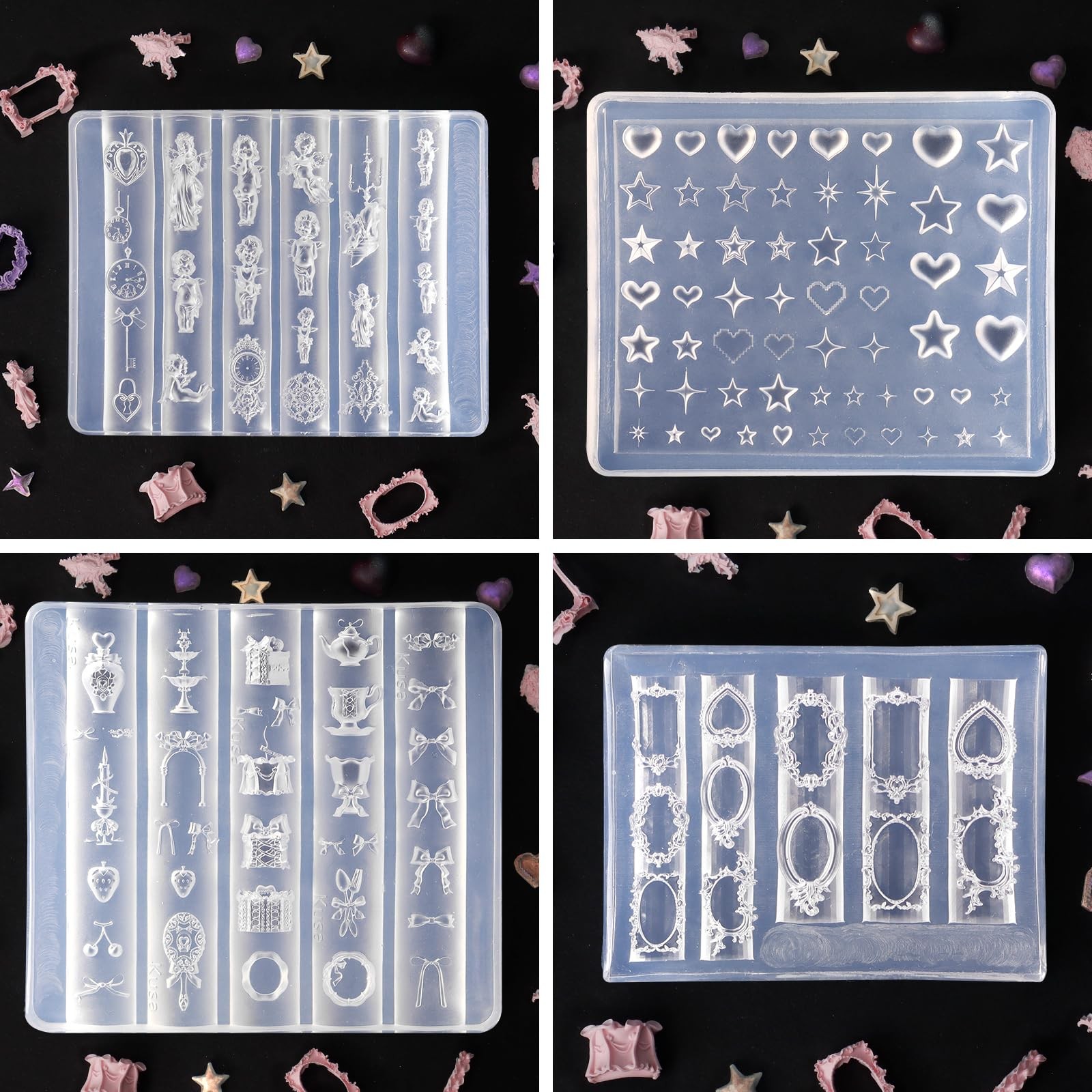 Laza 4pcs Silicone Nail Art Molds, 3D Virgin Mary, Mirror Frame, Heart, Bowknot
