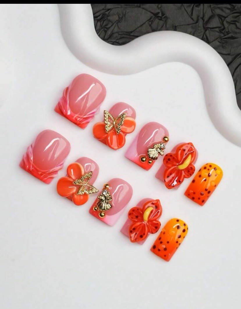 3D Butterfly Press-On Nails Short Square Full Cover Shiny Pink Orange Set