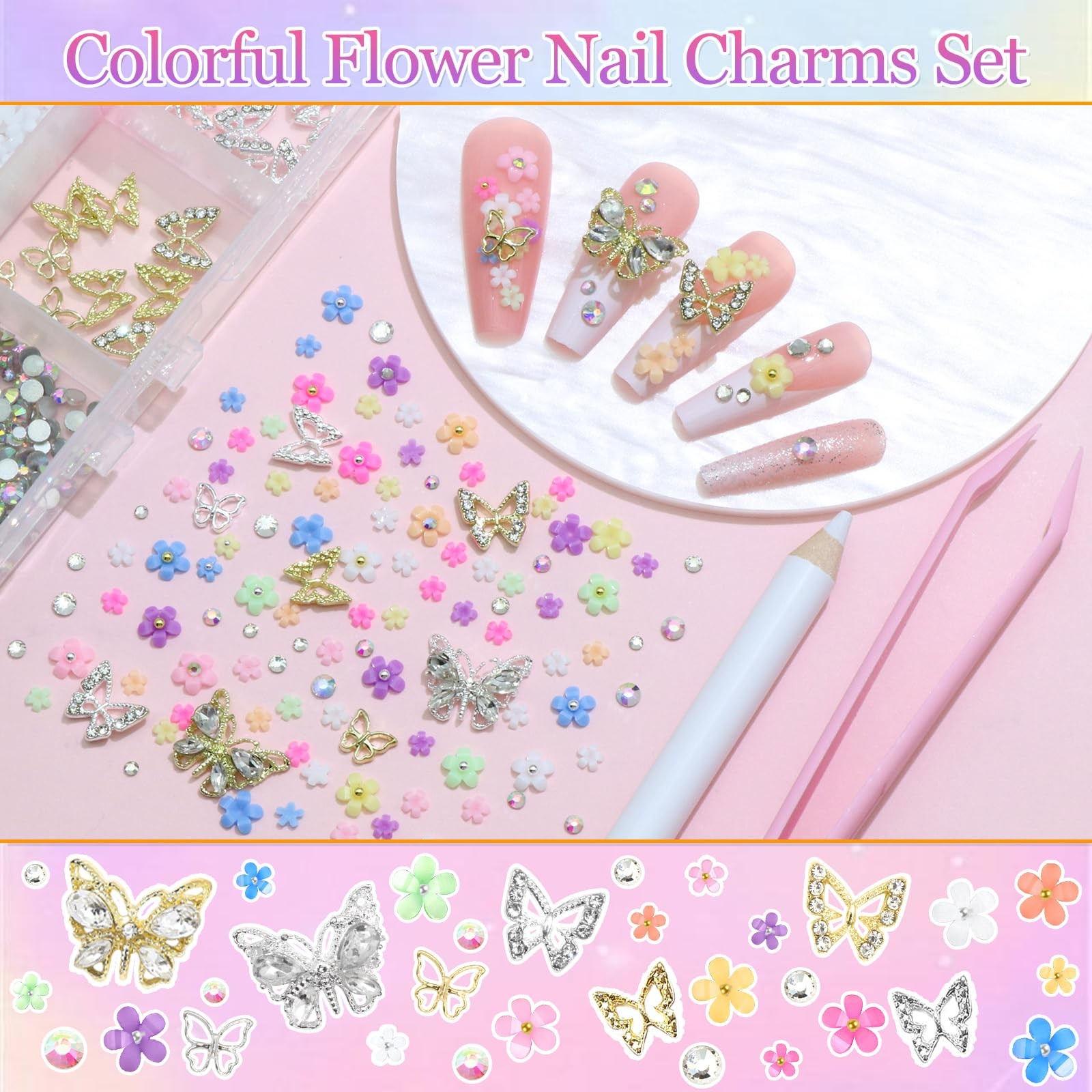 Flower Nail Charms Colorful 3D Flowers for Nails Metal Butterfly Nail Art Cha…