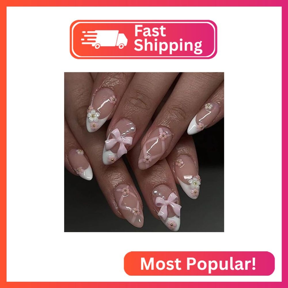 BAOYAALIN Press on Nails Almond Shaped Medium French White Fake Nails with 3D Fl