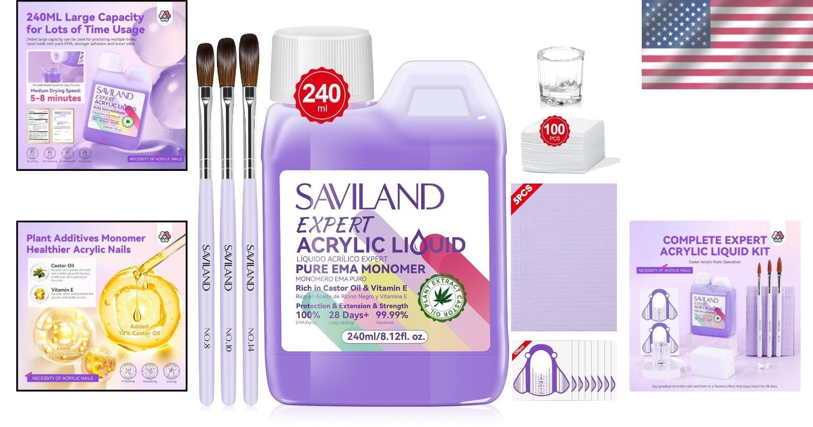 Professional 8OZ Acrylic Monomer Kit: Brushes, Dappen Dish & Nail Forms Included