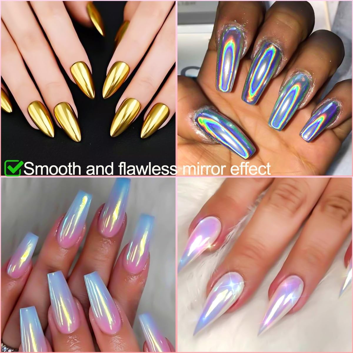 Holographic Mirror Gold Chrome Nail Powder for Gel Nails, Iridescent Aurora M…