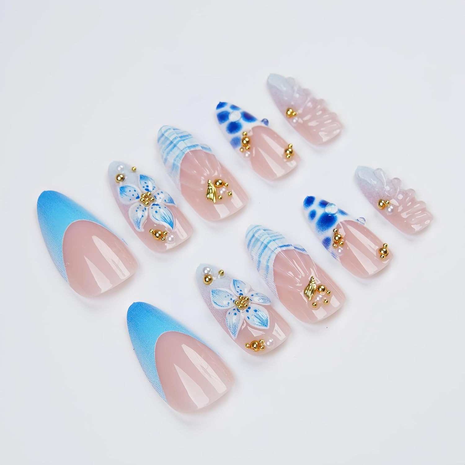 24Pcs 3D Flower Press on Nails Medium Almond Fake Nails with Gold Beads Conch Pe