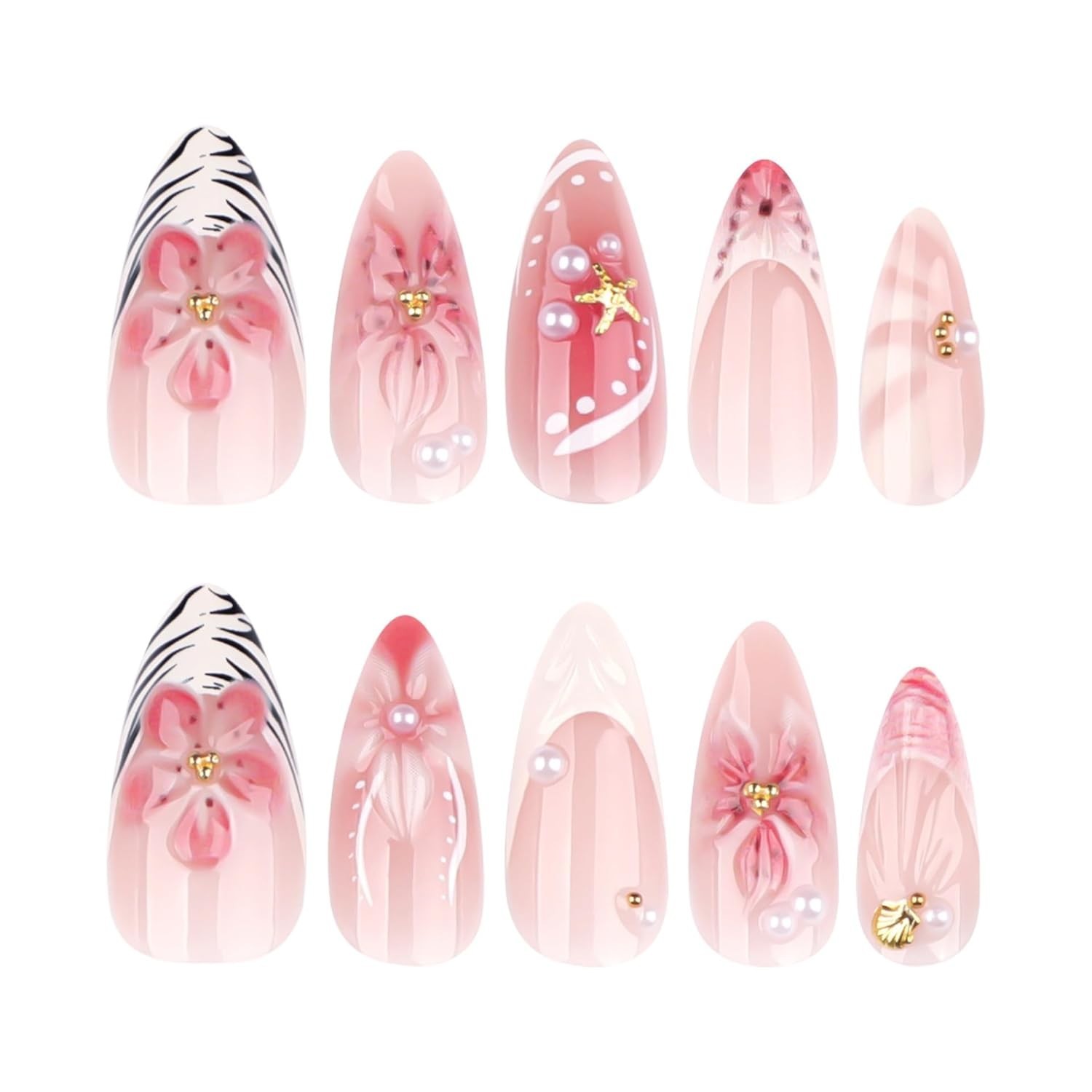 Chic 3D Flower French Tip Press-On Nails – 24 Reusable Almond Nails