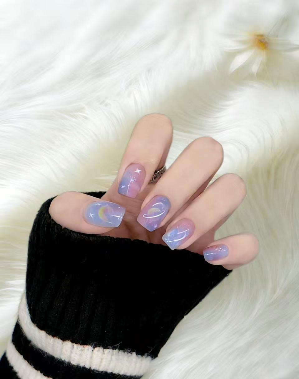 10Pcs Starry Galaxy Short Square Press On Nails One Size Fits Most