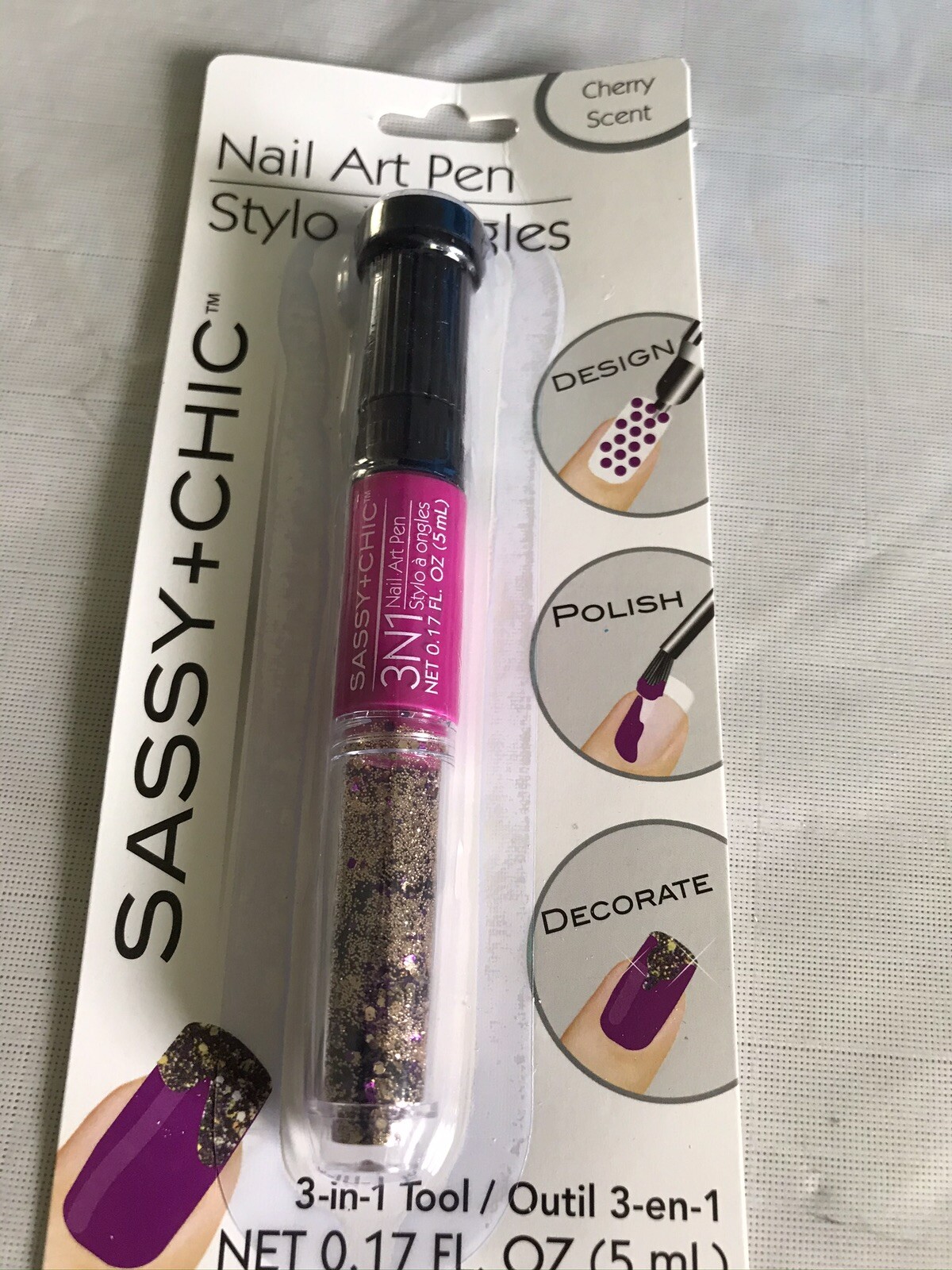 Sassy Chic Nail Art Pen 3 In 1 Tool Design Polish Decorate Cherry Scent