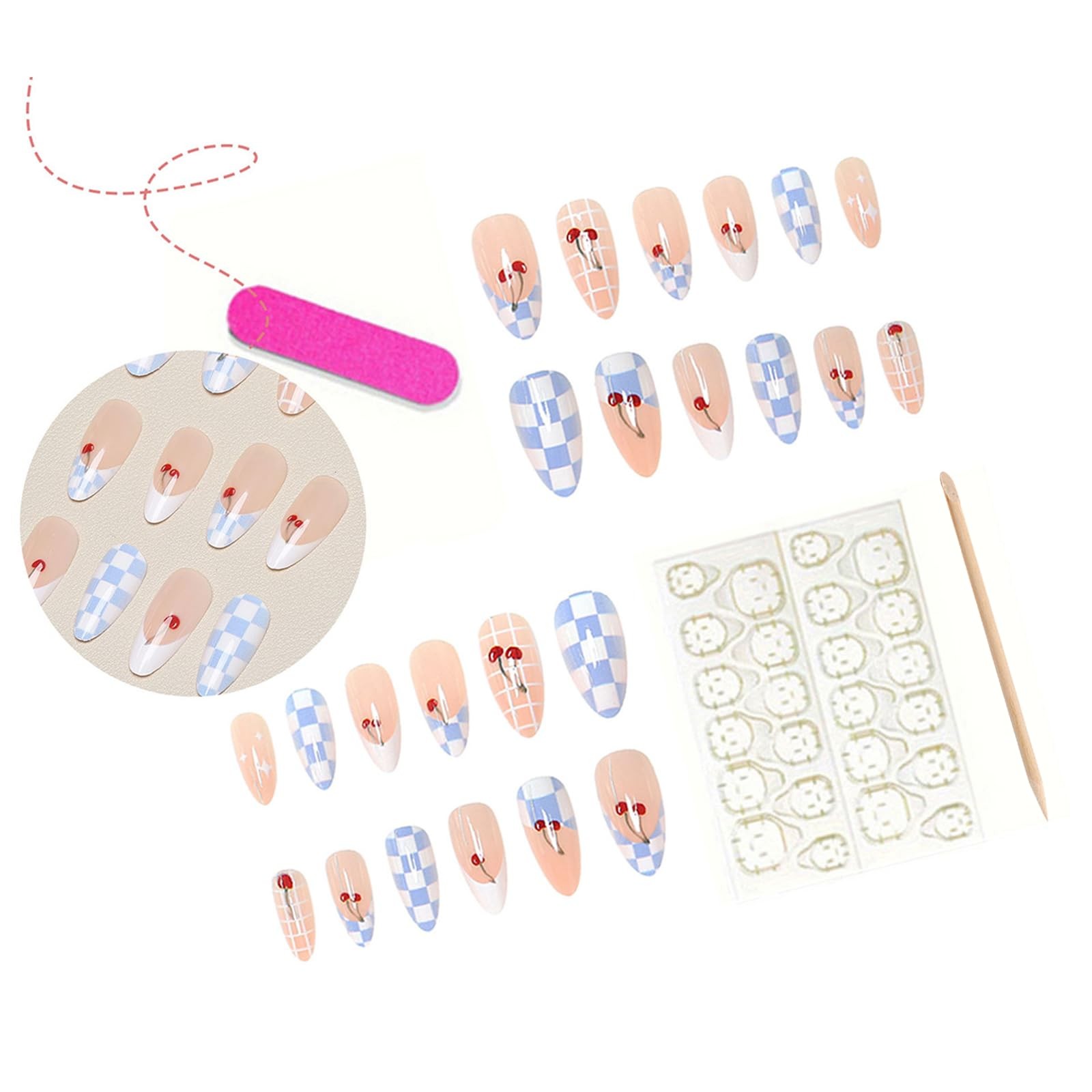 24Pcs Lattice Press on Nails Medium Almond Fake Nails with Cherry Design Glue…