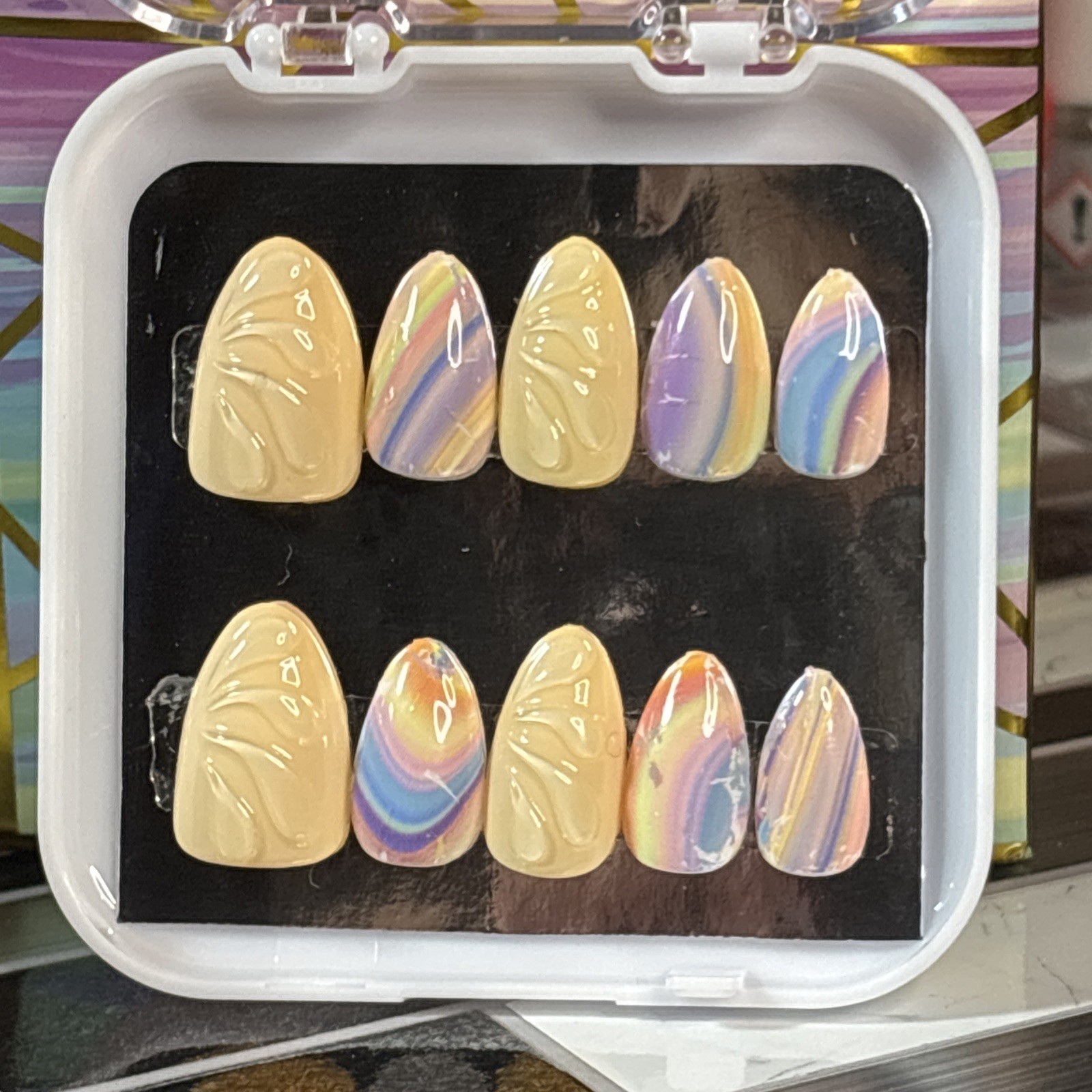 Press-On Nails Almond-Shaped yellow w/foil rainbow accents Size small