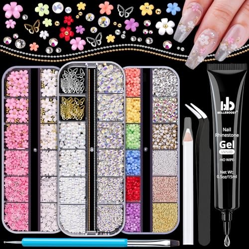 3D Flower Nail Charms and Gems, Cute 01-3 Boxes Nail Art Decos Set 1+Glue
