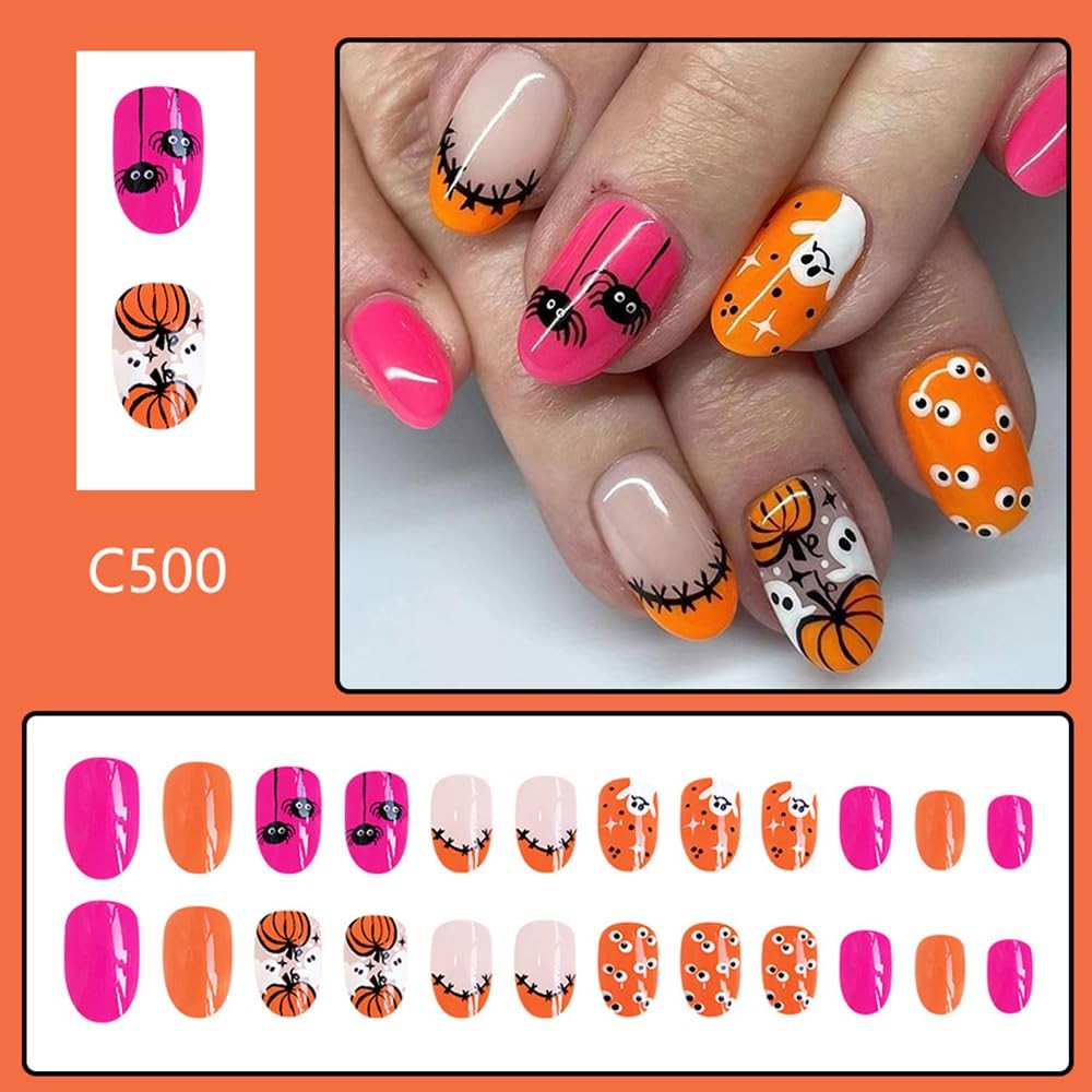 24Pcs Halloween Press on Nails French Tip Fake Nails Short Oval False Nail wi…