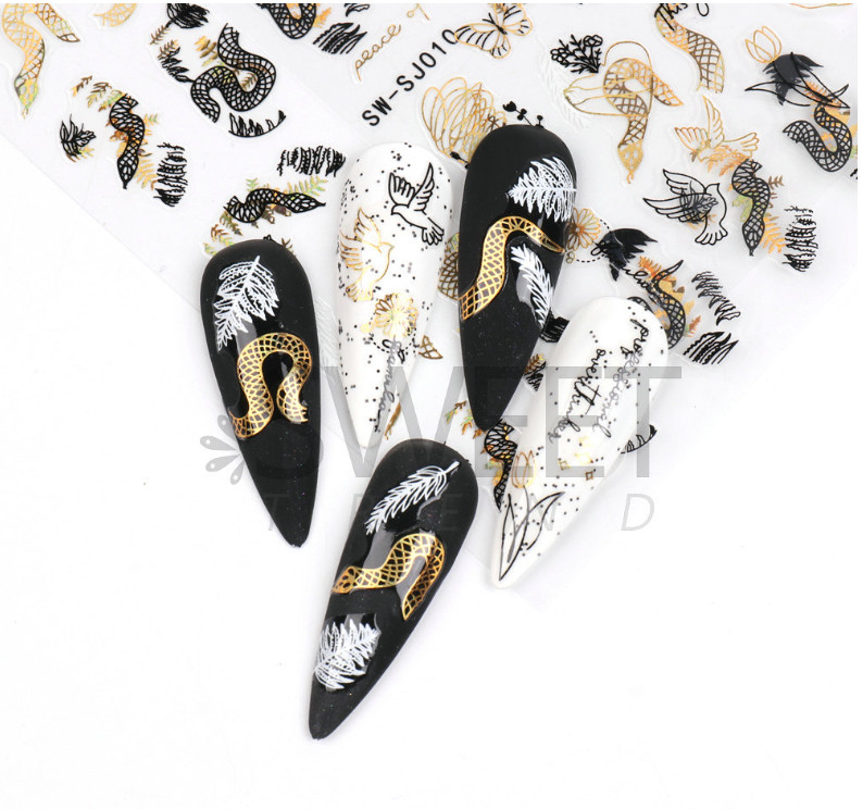 Abstract Black Gold Snake Butterfly Nail Art Stickers Laser Geometry Flower NS53