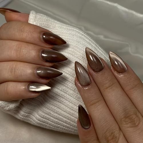 Cat Eye Dark Brown Press on Nails Almond, Glitter Press cateye almond coffee