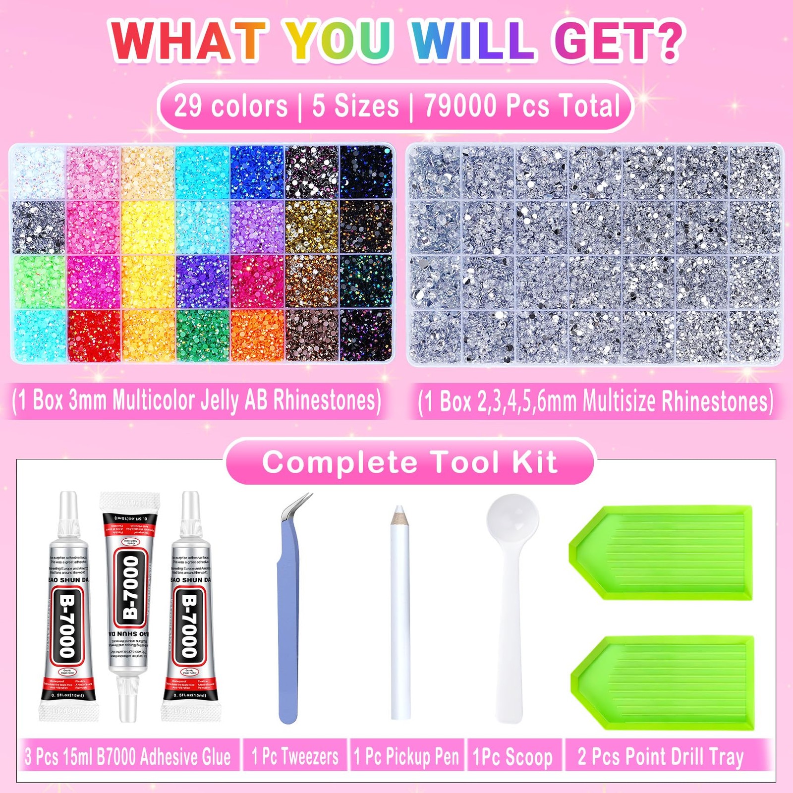 79000Pcs Jelly Rhinestones for Bedazzling, 2 Boxes Multicolor 3mm & Silver Clear
