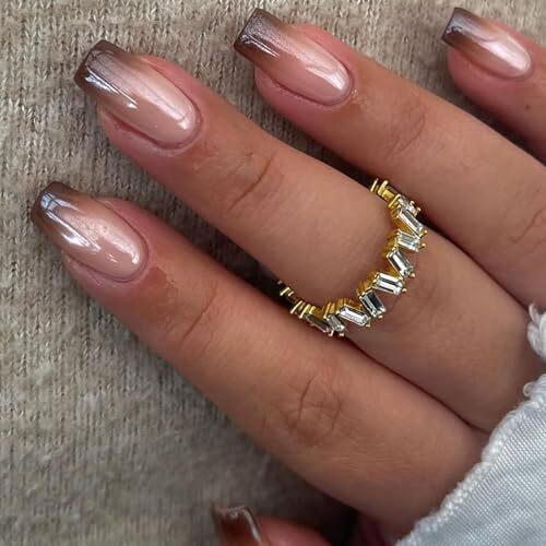 Brown Chrome Press on Nails Medium Square SWEKKE French Tip Fake Square Nail38