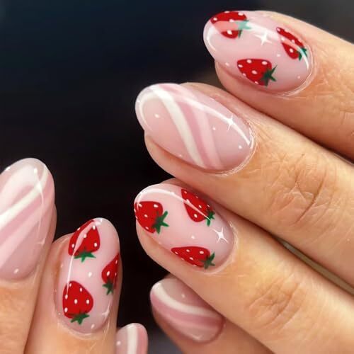 Cute Pink Press on Nails Short Oval Acrylic Fake Nails Sweet strawberry